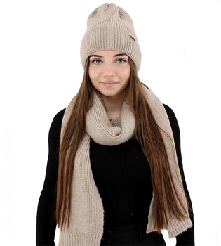 Komplet zimowy damski, czapka i szalik, z wełną merino, Alyssa, beżowy (15), 56-60 cm