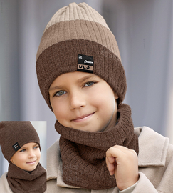 Zimowa czapka i komin, sportowy komplet dla chłopca, Desuno, dwustronny, brąz + beż, 54-60 cm