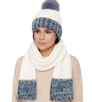 Czapka i szalik damski, komplet zimowy, z polarem, Borgata, mleczny + wzór (16) , 56-58 cm