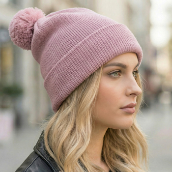 Czapka merino z pomponem, Mjaia, wrzosowy róż, 54-58 cm
