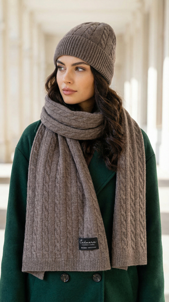 Ekskluzywny Komplet czapka i szalik,  Merino + Kaszmir,  taupe, 55-58 cm