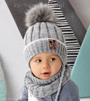 Zimowa czapka dla chłopczyka z futrzanym pomponem i komin, Toshio, granat melanż, 46-50 cm	