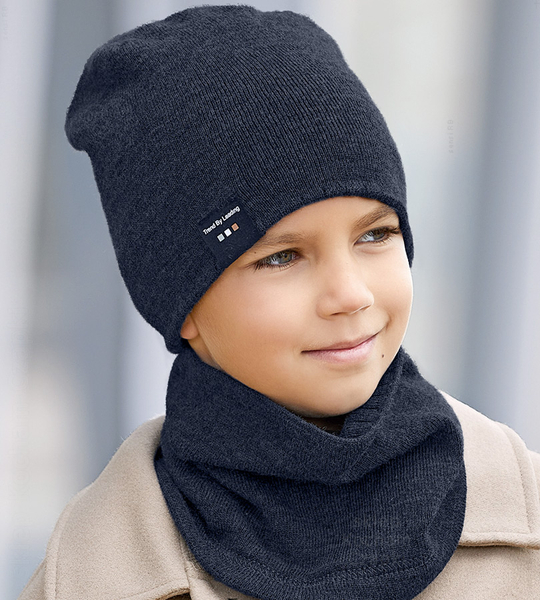 Zimowa czapka i komin, sportowy komplet dla chłopca, Desuno, dwustronny, granat + beż, 54-60 cm