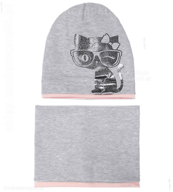 Czapka i komin, komplet Kotełek, brokatowy błyszczący kot rozm. 44-46 cm