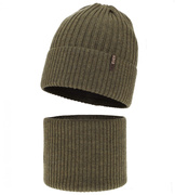 Czapka i komin dla chłopca, na zimę, 100% merino, Mogizzo, khaki, 50-52 cm