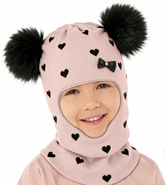 Kominiarka zimowa z dwoma pomponami dla dziewczynki, Gizelda, róż pudrowy, 49-53 cm