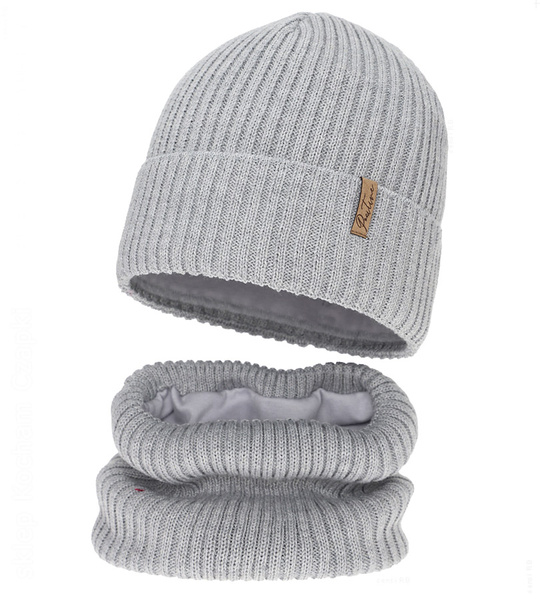 Czapka i komin dla dziewczynki, z wełną merino, Edotie, szary, 50-52 cm