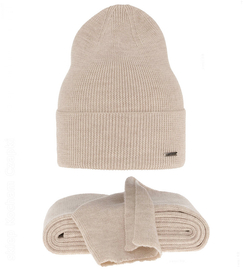 Komplet jesienno-zimowy damski, czapka i szalik,  merino 100%, Lemona, jasny beżowy, 54-56 cm