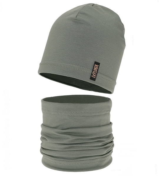 Czapka i komin dla chłopca, komplet wiosenny/jesienny, Boohart, oliwka, 52-54 cm