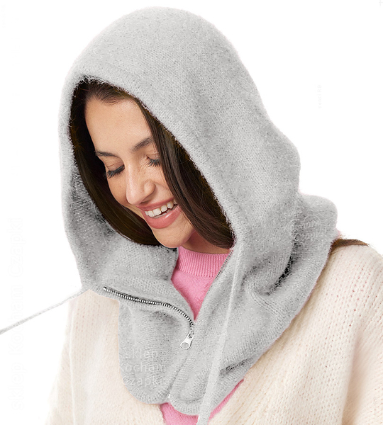 Komin z kapturem damski, kominiarka damska, angora i wiskoza, Farina, szary, obw. 55-60 cm