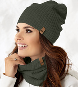 Komplet Catrine, czapka i komin damski, oliwka ciemna, 55-56 cm