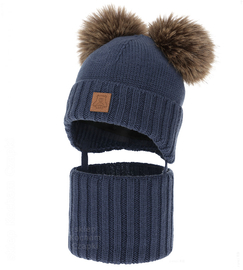 Czapka i komin dla chłopca, wełniany komplet 100% merino, Noovik, ciemny niebieski, 42-45 cm