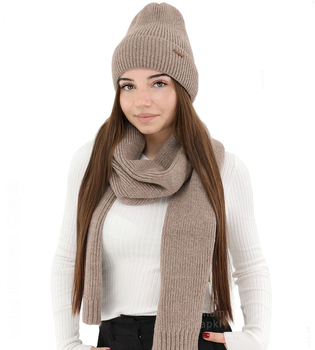 Komplet zimowy damski, czapka i szalik,  z wełną merino, Alyssa, beżowy (05) , 56-60 cm