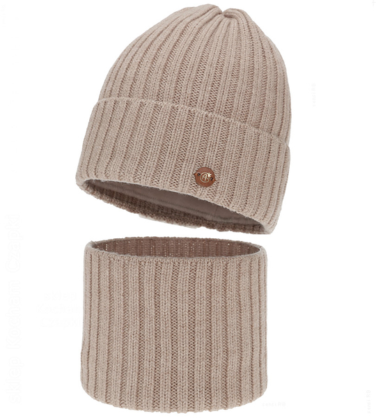 Czapka i komin z wełny merino 100%, komplet zimowy, Navira, beżowy, 54-56 cm
