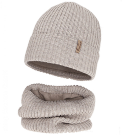 Czapka i komin dla dziewczynki, z wełną merino, Edotie, szaro-beżowy (10), 53-56 cm