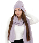 Komplet zimowy damski, czapka i szalik, z wełną merino, Alyssa, fiolet melanż, 56-60 cm