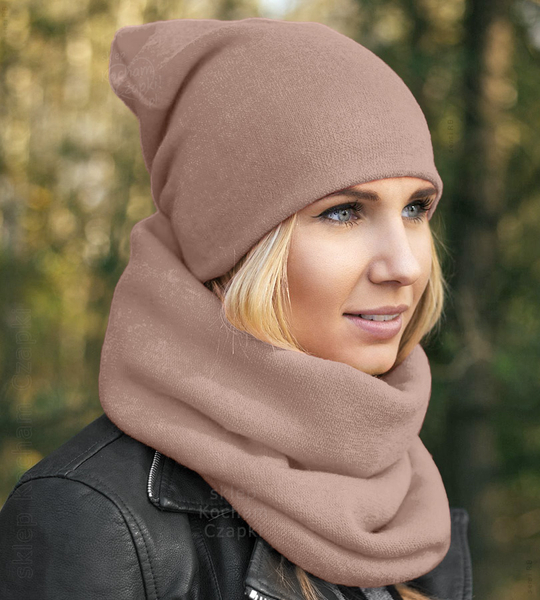 Komplet zimowy, czapka damska smerfetka z kominem, Benita v.1, różowo-beżowy, 55-57