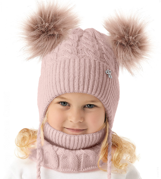Czapka i komin dla dziewczynki, komplet zimowy, Lussy, róż brudny, 50-52 cm