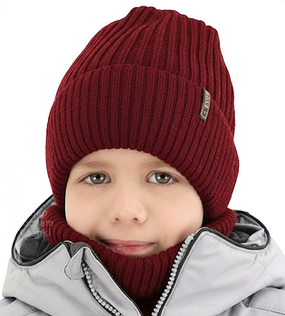 Czapka i komin dla chłopca, na zimę, 100% merino, Mogizzo, bordowy , 54-56 cm