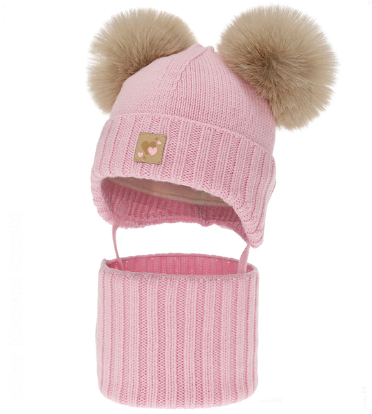Czapka i komin dla dziewczynki, 100% merino, z polarem wełnianym, Norina, różowy, 48-50 cm