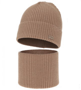 Czapka i komin dla chłopca, jesienny/wiosenny komplet, 100% wełna merino, Tinros, kamel, 52-54 cm