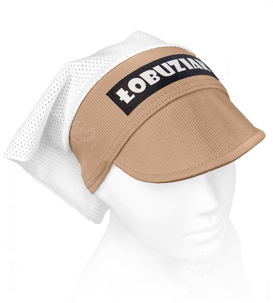 Chustka z daszkiem dla chłopca, na lato, z siateczką, Łobuziak, karmel + biały, 46-49 cm