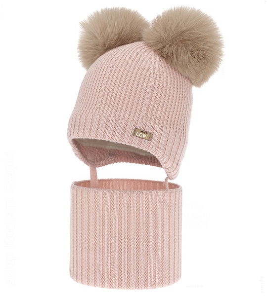Czapka i komin dla dziewczynki, 100% merino, z polarem merino, Mullia, różowy, 48-50 cm