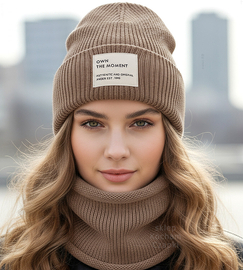 Komplet czapka i komin, damski zimowy wełniany,  merino 100%, Gabrid, kakaowy, 56-60 cm