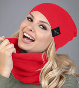 Dzianinowa czapka i komin damski, prążek, Nobia, czerwony, 54-57 cm