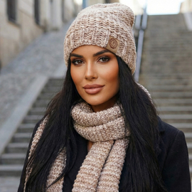 Czapka z polarem i szalik, komplet zimowy, Gisele, beżowy melanż, 55-57 cm