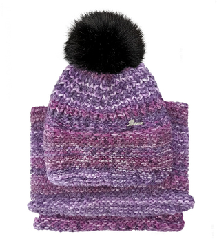 Czapka i komin damski zimowy, z pomponem, Mauricia, fioletowy melanż (2), 55-57 cm