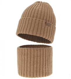 Czapka i komin dla chłopca, z wełną merino, Raqmin, camel, 53-56 cm