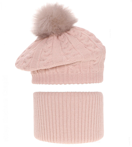 Komplet zimowy dla dziewczynki, beret i komin, Fokki, róż pudrowy (03),  52-55 cm