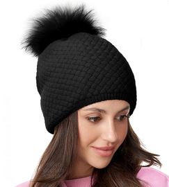 Czapka Damska z Wełny Merino i z Pomponem z Jenota, Makaria, czarny, 56-60 cm cm