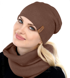 Czapka i komin damski, komplet wiosenny-jesienny, brązowy, Clara, 55-58 cm