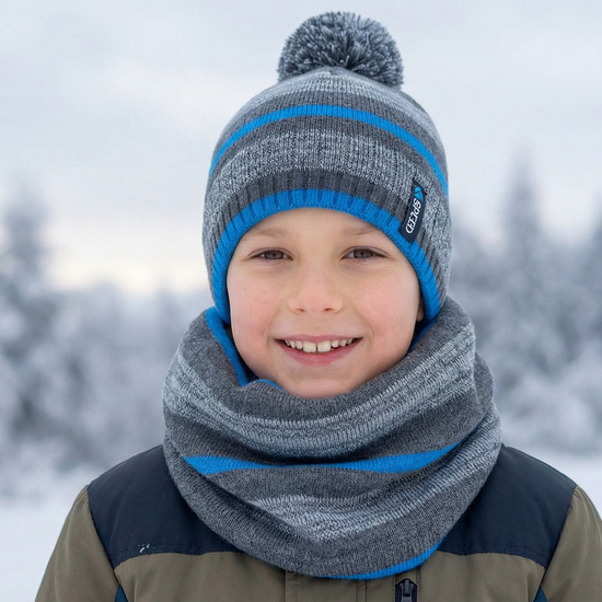 Komplet zimowy dla chłopca: czapka i komin na szyję, Tomoko, szary + turkus, rozm. 52-54 cm