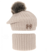 Beret zimowy i komin dla dziewczynki, Lopezja, beżowy, 48-51 cm