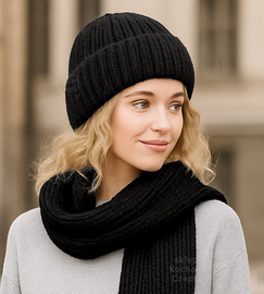Komplet czapka i szalik, merino 100%, Porshia, czarny, 56-58 cm
