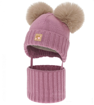 Czapka i komin dla dziewczynki, 100% merino, z polarem wełnianym, Norina, wrzosowy, 42-45 cm