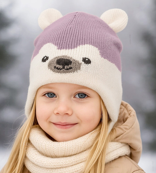 Czapka merino zimowa, niemowlęca dla dziewczynki, Isjomina, krem + wrzosowy, 38-42 cm