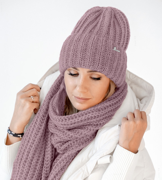 Czapka i szalik damski, podwijana i długi szal, wełna, Limda, wrzosowy (2), 56-59 cm