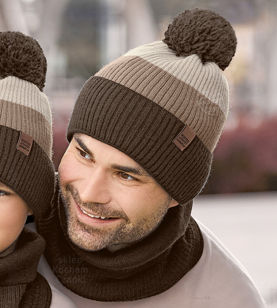 Modna czapka i komin zimowy męski, Gutwin, brązowy + beżowy, 56-60 cm