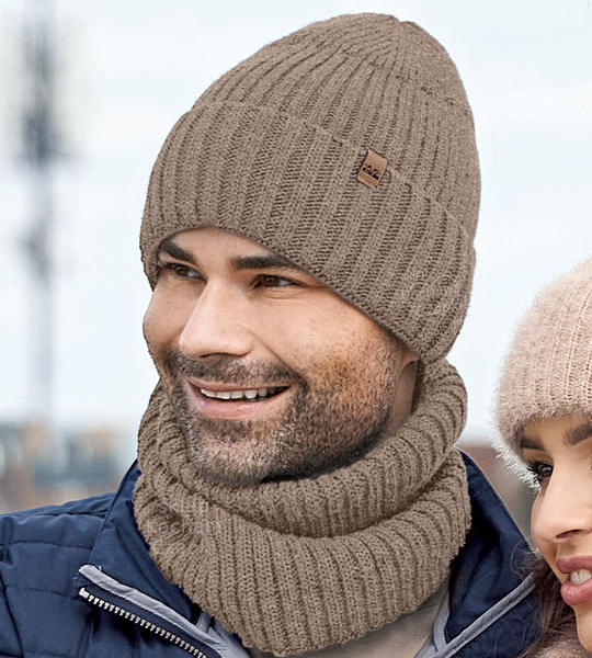 Komplet zimowy męski, czapka i komin, Mesick, beżowy, 57-60 cm