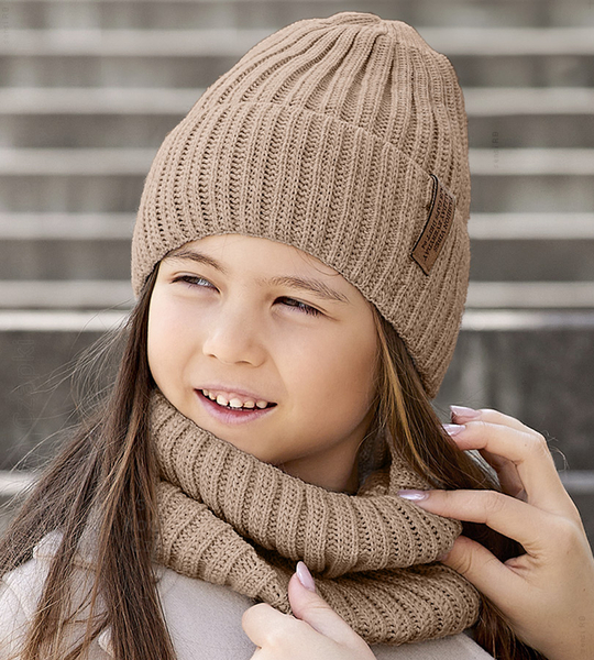 Czapka i komin dla dziewczynki, komplet Sydney, beżowy, 52-54 cm