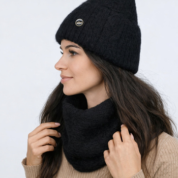 Czapka i komin damski, zimowy komplet, Eteser, czarny, 55-57 cm