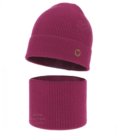 Czapka i komin dla dziewczynki, jesienny/wiosenny komplet wełniany, 100% merino, Corrie, ciemny róż, 48-50 cm