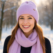 Komplet zimowy damski, czapka i szalik, z wełną merino, Alyssa, fioletowy, 56-60 cm