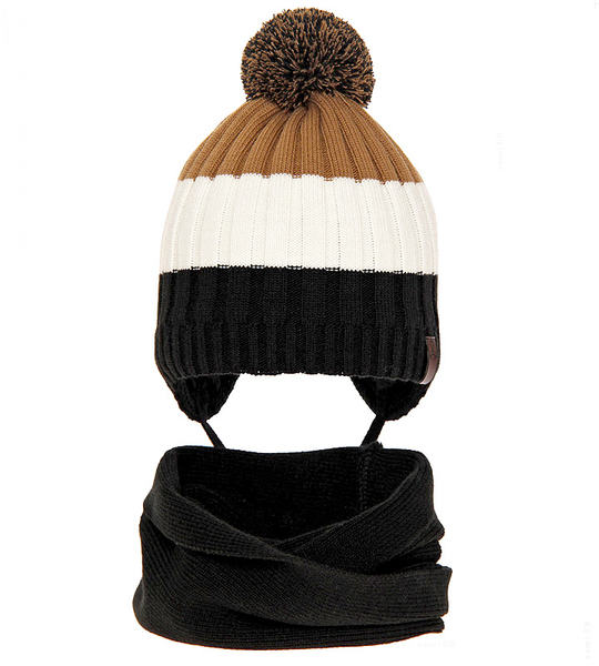 Czapka i komin dla chłopca, komplet na zimę, Rahy, czarny + krem + brąz, 50-53 cm