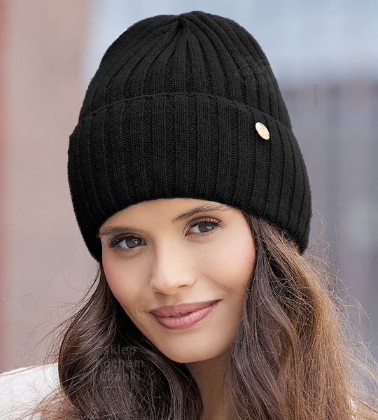 Czapka wełniana damska w szeroki prążek, Kamelia, czarna, 55-58 cm