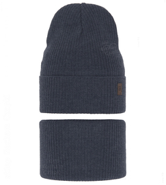Zestaw dzianinowy prążkowany: czapka i komin,  Gradon, granatowy (01), rozm. 46-50 cm